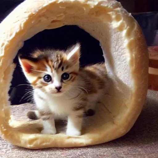 Image similar to kitten living inside a bread, hyper detailed