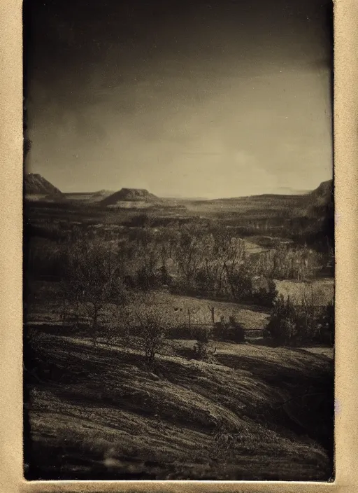 Image similar to old wetplate daguerreotype landscape of the high hills in the sun, dubbel negative exposure, explosion of data fragments, fractal, intricate, elegant, highly detailed, parallax, leica, medium format, subsurface scattering, by jheronimus bosch and greg rutkowski and louis jacques mande daguerre