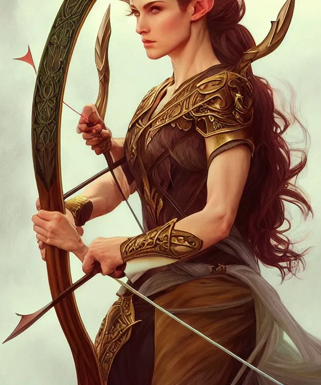 Image similar to ( ( ( aurora aksnes ) ) ) as a strong powerful angry fantasy elf with a bow and arrow, portrait, fantasy, intricate, elegant, highly detailed, digital painting, artstation, concept art, smooth, sharp focus, illustration, art by artgerm and larry elmore and alphonse mucha