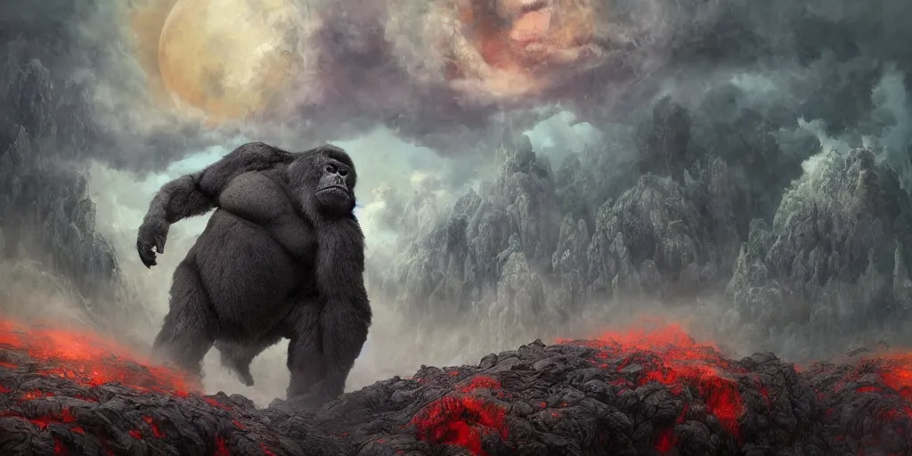 Prompt: concept art of giant gorilla, lava rocks, renaissance, roaring, melting horror, round moon, rich clouds, fighting the horrors of the unknown, overgrown, very detailed, volumetric light, mist, fine art, decaying, textured oil over canvas, epic fantasy art, very colorful, ornate scales, marc simonetti