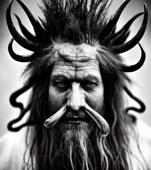 Prompt: Award winning Editorial photograph of Early-medieval Scandinavian Folk monsters with incredible hair and terrifying hyper-detailed eyes by Lee Jeffries, 85mm ND 4, perfect lighting, wearing traditional garb, With Huge sharp Tusks and horns, gelatin silver process
