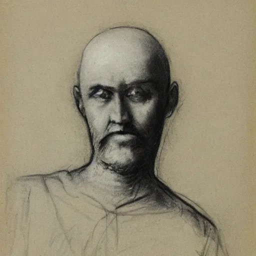 Image similar to charcoal portrait of an early 20th century russian, black robes bald, beardless, no eyebrows