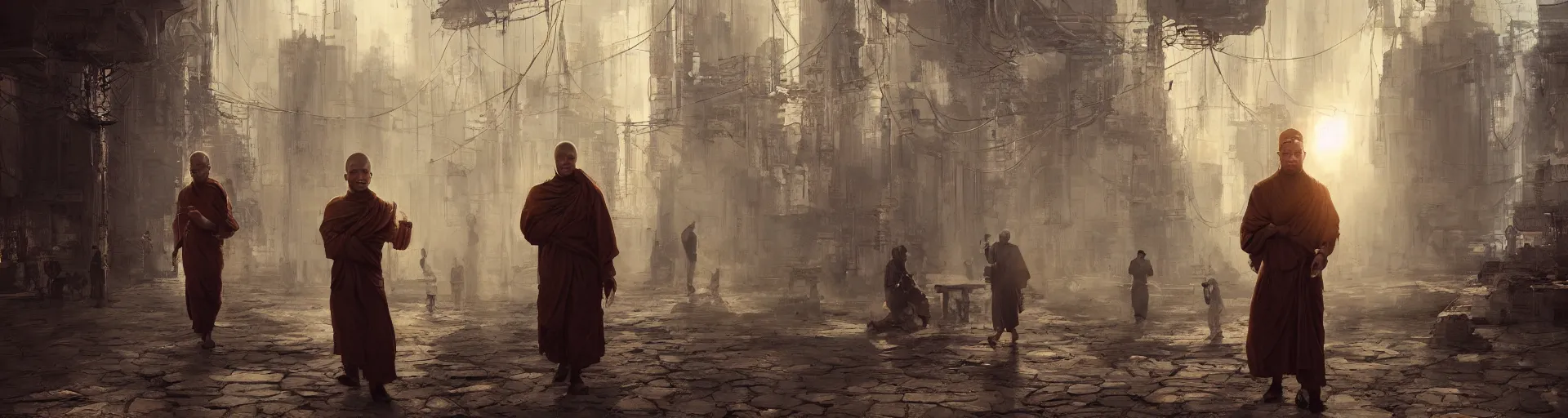 Image similar to monk meditation in a cyberpunk world with people walking around wearing vr headset by eugene von guerard, ivan shishkin, concept art, trending on artstation