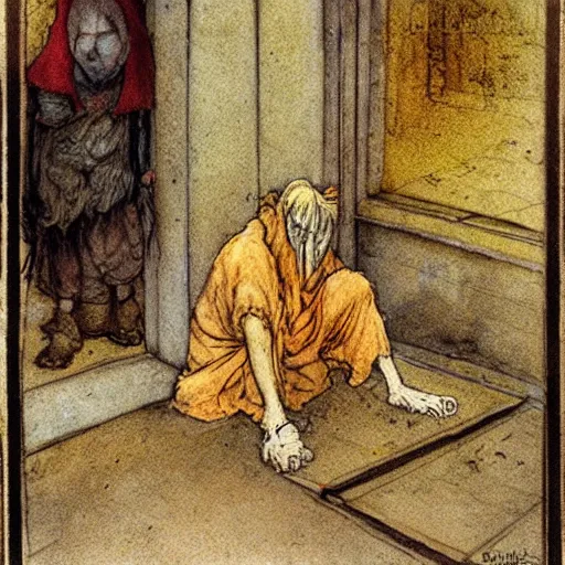 Prompt: dilapidated man begging with ragged mutt on streetcorner. illustration by Brian Froud and John Bauer