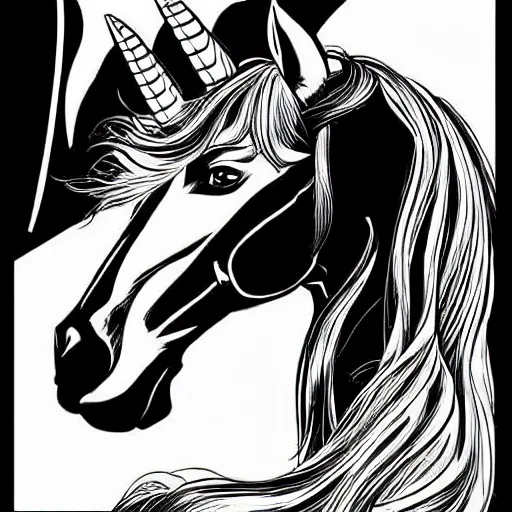 Image similar to clean simple line art of a beautiful elegant unicorn. white background. well composed, clean black and white line drawing, beautiful detailed face. illustration by steve ditko and jack kirby and greg rutkowski