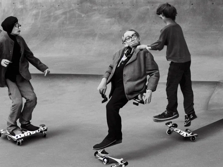 Image similar to a color photo of Stephen hawking in a Skatepark