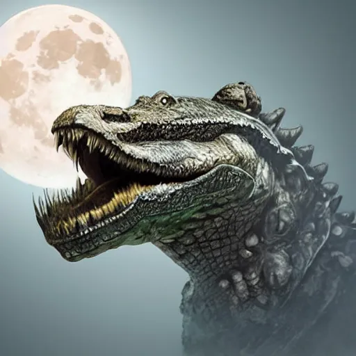 Prompt: Furred crocodile with a wolve's head, concept art, illuminated by full moon, professional photoshop artwork, highly detailed, single subject