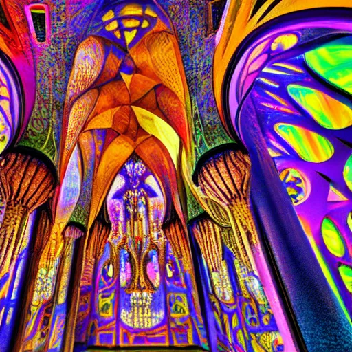 Image similar to architecture by antoni gaudi, john stephens, alex gray, lisa frank