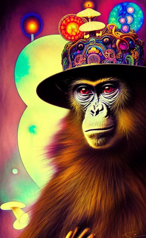 Image similar to An extremely psychedelic celestial Monkey in his black fedora hat, colorful, surreal, dramatic lighting, magic mushrooms, psilocybin, LSD, face, detailed, intricate, elegant, highly detailed, digital painting, artstation, concept art, smooth, sharp focus, illustration, art by Krenz Cushart and Artem Demura and alphonse mucha