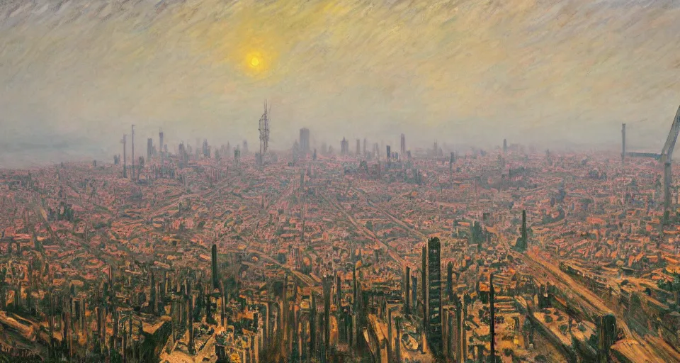 Image similar to Lisbon in 2287, cyberpunk, dark academia, by Simon Stålenhag and Claude Monet, oil on canvas