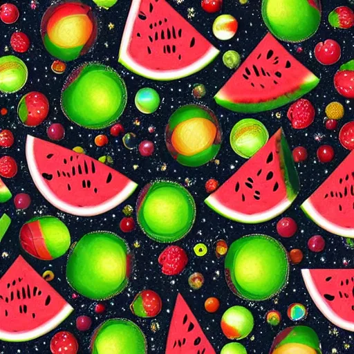 Image similar to a watermelon galaxy, with various colourful planets