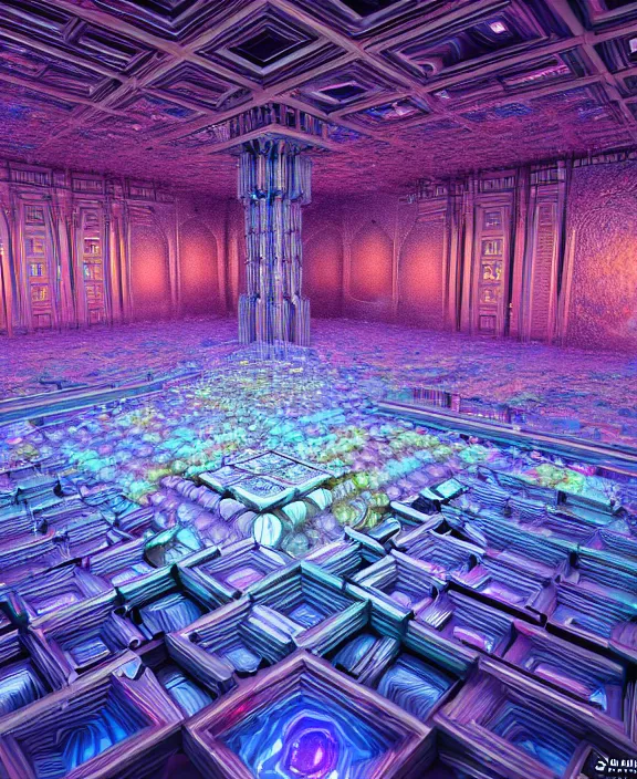 Image similar to giant fractal bismuth room consists of bismuth geodes, fractalization, extremely high details, masterpiece, photorealistic, hyperrealism, vray, octane render, volumetric lighting, depth of field, bokeh, artstation, cgsociety by johannen voss, greg broadmore