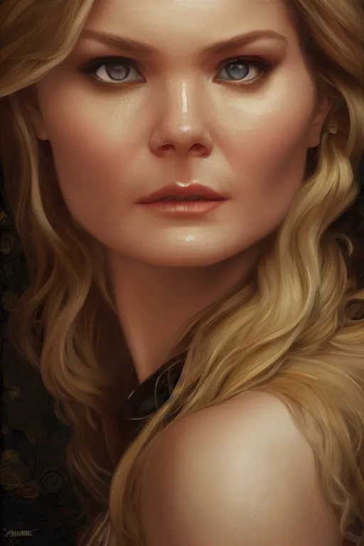 Image similar to painting of jennifer morrison,, ultra realistic, sharp details, subsurface scattering, intricate details, warm lighting, beautiful features, highly detailed, photorealistic, octane render, 8 k, unreal engine, art by artgerm and greg rutkowski and alphonse mucha