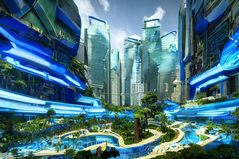Prompt: futuristic cyberpunk city with Singaporean lush garden with royal blue and green and white and!dream Celestial majestic futuristic other worldly realm with Singaporean royal gold lush volcano, set on Antelope Canyon with royal blue thermal waters flowing down white travertine terraces, relaxing, ethereal and dreamy, visually stunning, painted by Leonardo da Vinci and WLOP, octane render, scifi luxurious gold colors, advanced civilization, high-end street Antelope canyon, rocks formed by water erosion, walls made of beautiful smooth sandstone light beams that shine, polish narrow slots of walls into a striated swirling finish, digital painting, concept art, smooth, sharp focus, from Star Trek 2021, illustration, by WLOP and Ruan Jia and Mandy Jurgens and William-Adolphe Bouguereau, Artgerm