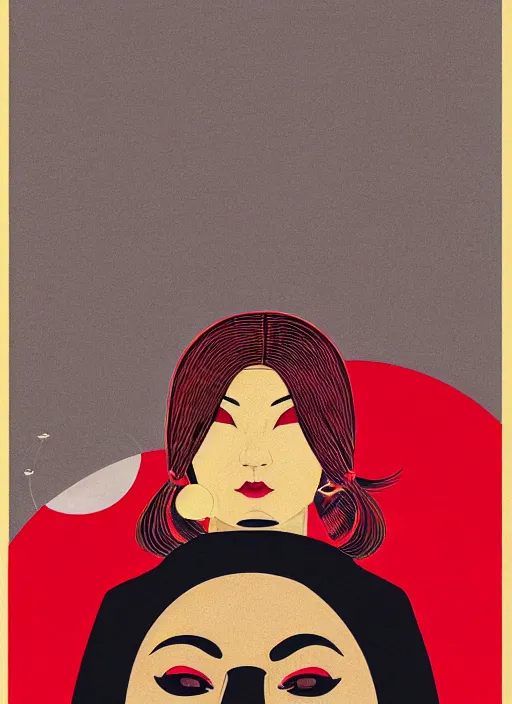 Image similar to portrait of a woman with a mask on his face in the form of a spiral in a golden kimono, full face, against the background of a bright red moon, sad motif, by ilya kuvshinov, dramatic, soft colors, futuristic, 8 k