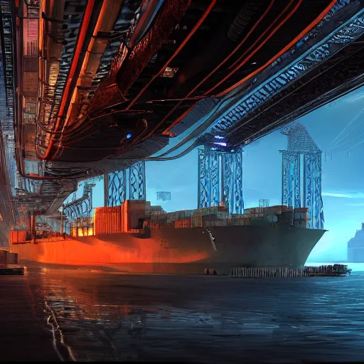 Image similar to photo of Immense industrial futuristic cargo ship arrives at cyber punk city sea port, cinematic lighting, photo