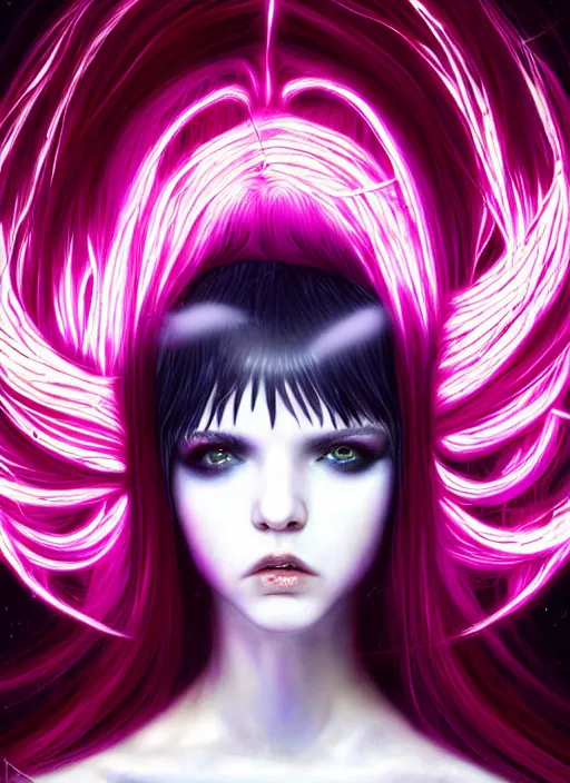 Image similar to hair whitebangs hair, black cyberlox, portrait of teenage girl with white bangs, whitebangsblackhair, messy bangs, cyberlox, whitebangs, red irises, purple clothes, intricate, elegant, glowing lights, highly detailed, digital painting, artstation, concept art, sharp focus, illustration, art by wlop, mars ravelo and greg rutkowski