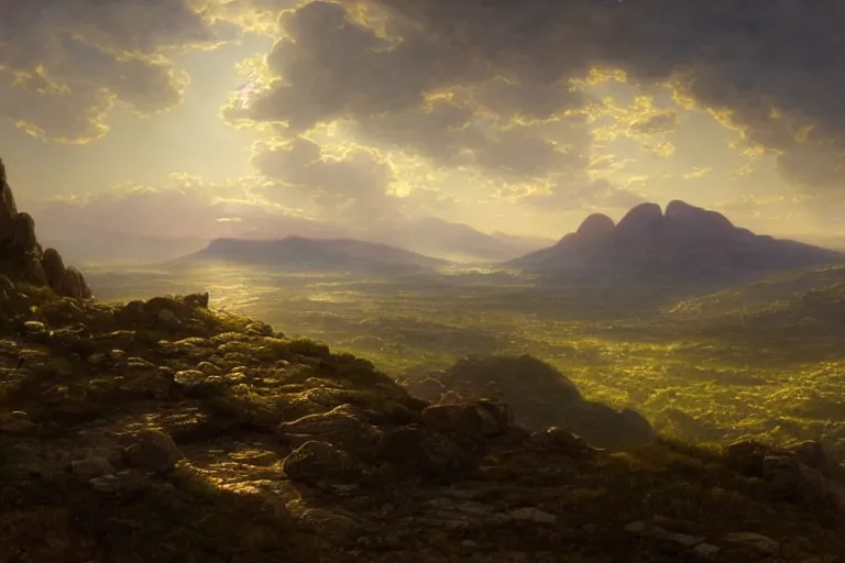 Image similar to view on top of a rocky hill overlooking a large valley, at dusk, very detailed moody, matte painting, volumetric lighting, rocky, stunning detail, 4k, hd, clean, full of detail, sharp focus, rule of thirds by Makoto Shinkai, albert bierstadt, thomas moran, Karol Bak, trending on artstation