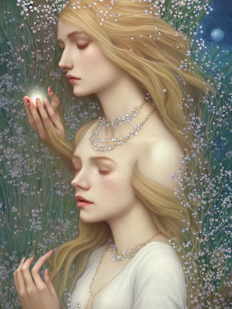 Image similar to blonde girl in white dress in beautiful window, necklace with a fruit seed ornament, ocean eyes, light freckles, incense smoke and flowers in the background, portrait, mucha, conceptart, medium shot, unreal, octane, symmetrical, photorealism.