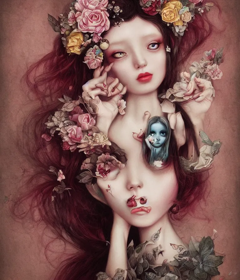 Image similar to pop surrealism, lowbrow art, realistic cute alice girl painting, japanese street fashion, hyper realism, muted colours, rococo, natalie shau, loreta lux, tom bagshaw, mark ryden, trevor brown style