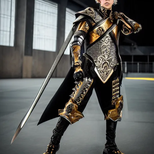 Image similar to Austin Butler dressed in futuristic-baroque duelist-garb and battle armor, standing in an arena, XF IQ4, f/1.4, ISO 200, 1/160s, 8K, RAW, unedited, symmetrical balance, face in-frame