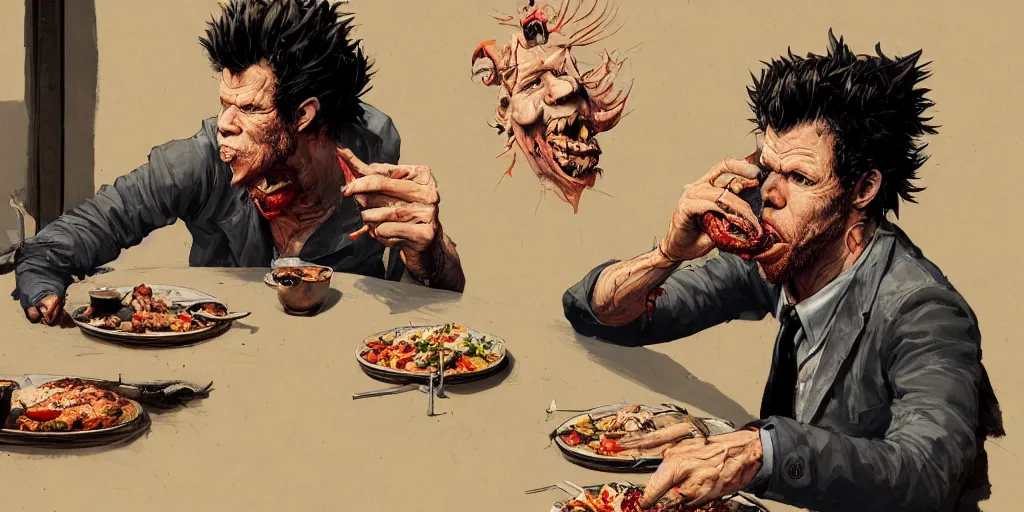 Image similar to cartoonish tom waits eating dinner, vivid colors, character sheet, fine details, concept design, contrast, kim jung gi, greg rutkowski, trending on artstation, 8 k, full body, turnaround, front view, back view, ultra wide angle