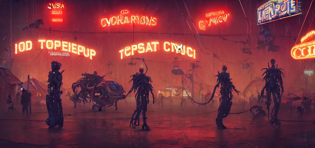 Image similar to close - up of old cyborgs exploring small town cyperpunk amusement, neon food signs, ancient big top circus tent, highly detailed, nightmare, japan, digital painting, concept art, matte, art by ruan jia and wlop and greg rutkowski and makoto shinkai, masterpiece