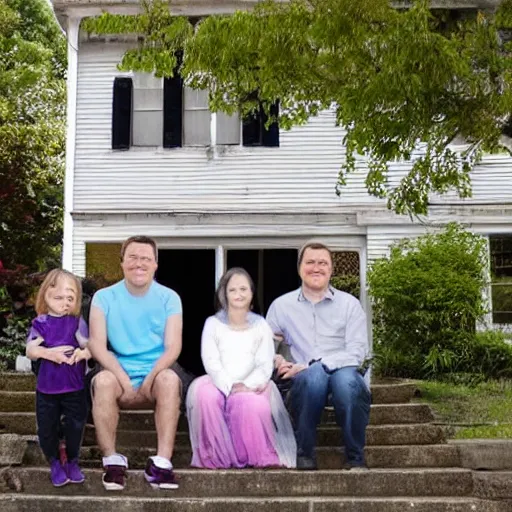 Image similar to family photograph in front of an old house, a ghostly face is visible in one of the windows