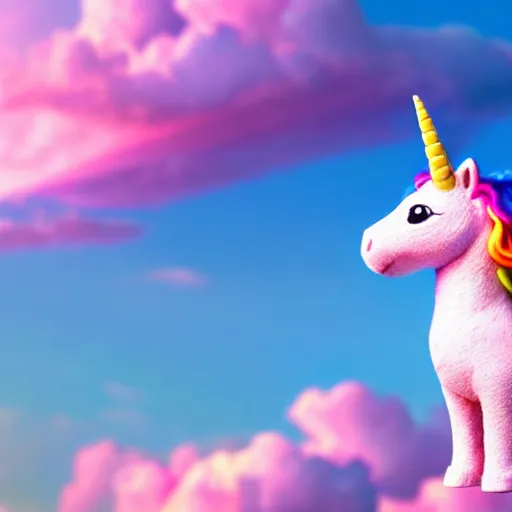 Image similar to very cute and tiny unicorn cat on Dahlia flower flying atop pink clouds, sky background, pixar style, cinematic lightning, award winning creature photography