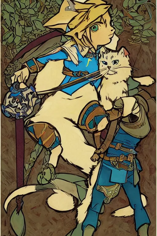 Image similar to link from The Legend of Zelda: Breath of the wild playing with a cat by and mucha,geometric shapes, hard edges ,Visual Communication Design