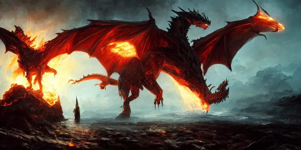 Prompt: Sauron fighting a dragon spitting fire, backlighting, oil painting, by Greg Rutkowski