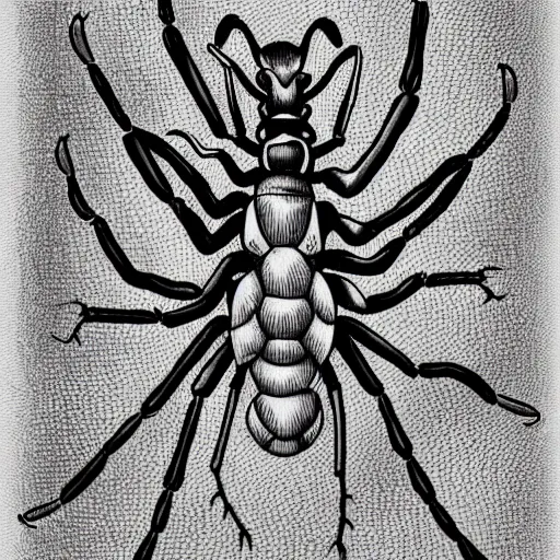 Prompt: fire ant, black and white, botanical illustration