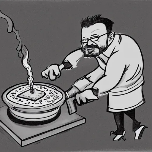 Image similar to black and white caricarture drawing of walter white cooking a pizza with a blowtorch