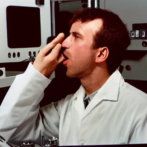 Image similar to filmic extreme close up shot movie still 4 k uhd interior 3 5 mm film color photograph of a scientist putting his hands into the mouth of a camouflaged solder in a lab in antarctica