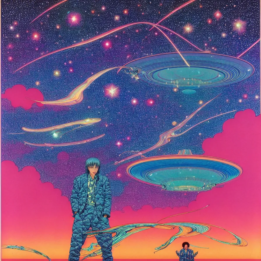 Image similar to ( ( ( ( shinning starry sky ) ) ) ) by mœbius!!!!!!!!!!!!!!!!!!!!!!!!!!!, overdetailed art, colorful, artistic record jacket design
