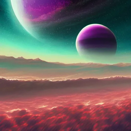 Prompt: a detailed matte painting of a marble - like planet orbiting a large purple sun in a sea of stars surrounded by colorful swirling gas clouds, by alena aenami, petros afshar and greg rutkowski trending on artstation, deviantart, planet, clouds, earth, exoplanet, stars, nubulae hubble, 8 k, 4 k