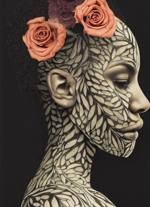 Prompt: a beautiful black woman's face in profile made of leaf and floral skeleton, in the style of the dutch masters and gregory crewdson, dark and moody, 8 k, matte, intricate detail, hyper detailed, surrealism