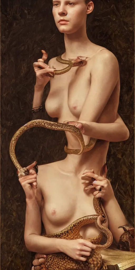 Image similar to the portrait of ( ( ( ( ( hunter schafer ) ) ) ) ) as a snake charmer by roberto ferri, fantasy, beautiful, centered, intricate detail, girl, witcher, very detailed oil painting, masterpiece, 8 k