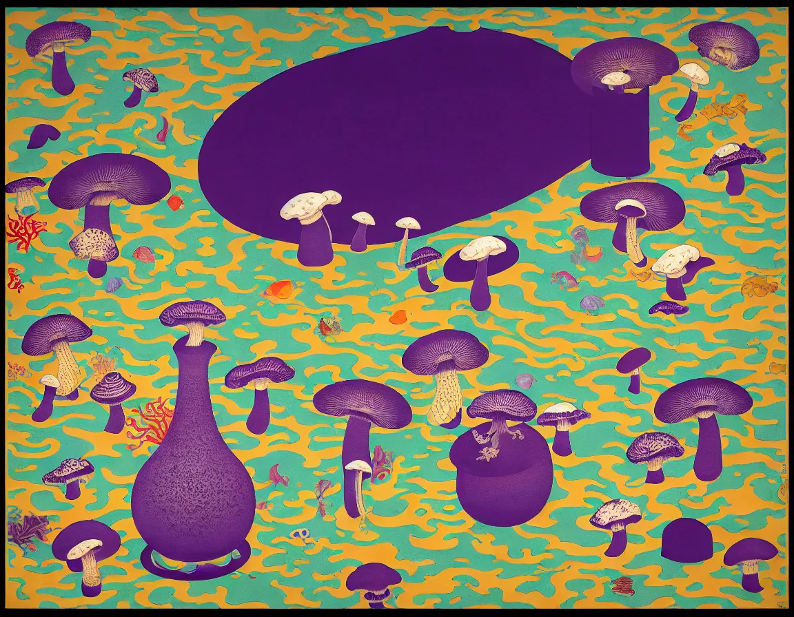 Prompt: vase of mushroom in the sky and under the sea decorated with a dense field of stylized scrolls that have opaque purple outlines, with koi fishes, ambrosius benson, kerry james marshall, oil on canvas, hyperrealism, light color, no hard shadow, around the edges there are no objects