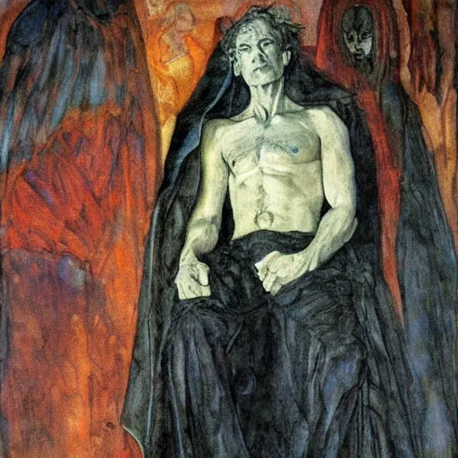 Prompt: comics sandmanin a cloak by Neil Gaiman, in style The Demon Seated, by Mikhail Vrubel, oil painting, art gallery, art museum, small details, whole-length, hyperrealism, black cloak, very detailed face, very detailed torso, wide painting