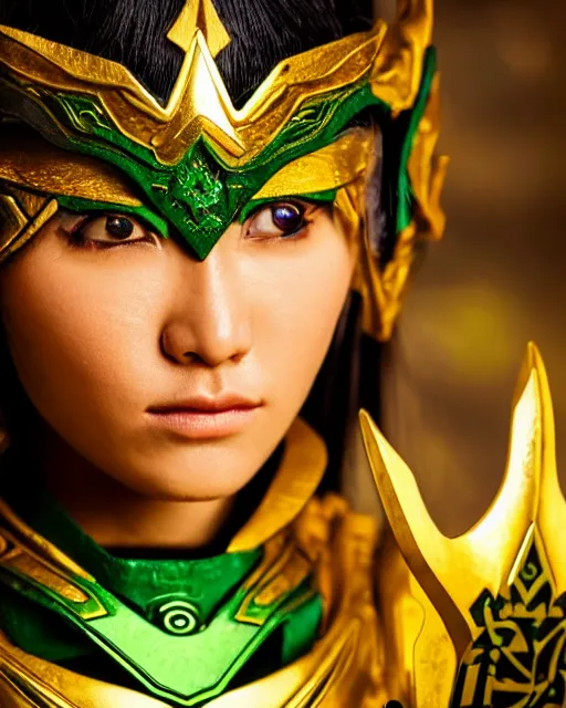 Prompt: a beautiful close up photo of a female Asian elf ranger with long hair and green eyes, no helmet, wearing green and gold futuristic mecha armor, with ornate rune carvings and glowing lining, very detailed, shot in canon 50mm f/1.2