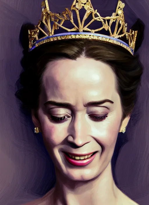 Prompt: portrait of emily blunt as queen, laughing, jewelry, greek, sapphire, victorian age, 1 8 9 0, intricate, headshot, key visual, conceptart, ambient lighting, highly detailed, digital painting, artstation, concept art, sharp focus, by makoto shinkai and akihiko yoshida and greg manchess