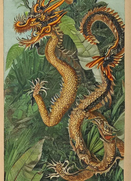 Image similar to vintage chinese dragon in a tropical forest, john james audubon, ernst haeckel, intaglio, sharp focus