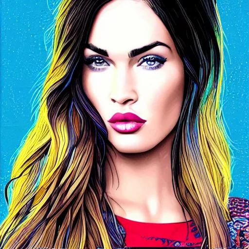 Image similar to megan fox portrait by arunas kacinskas, digital illustration, colorful sketch, pencils, patterns in the background