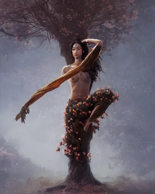 Prompt: person made of tree, bark for skin, leaf hair, covered in flowers, martial arts pose fantasy character portrait, full body, realistic feminine face, greg rutkowski, gaston bussiere