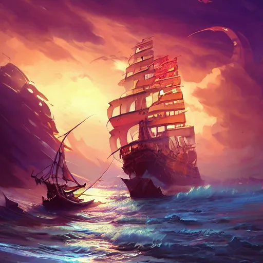 Image similar to ocean wherea large pirate ship is sailing, pirates flag, cgsociety, fantasy art, 2 d game art, concept art, heavenly lighting, retrowave, behance hd, concept art by jesper ejsing, by rhads, makoto shinkai cyril rolando, madgwick, cory loftis, anime studio and pixar animation studio and disney