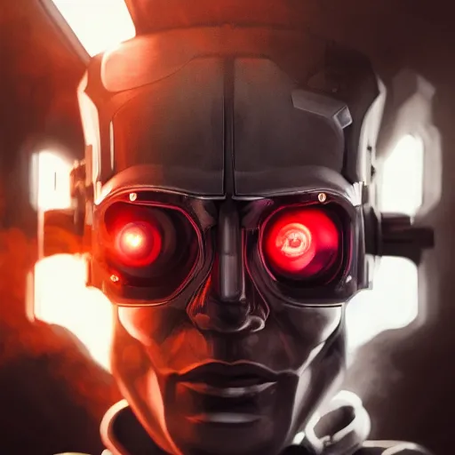 Image similar to a cyborg, cyberpunk, surrounded by smoke, award-winning art, black on red, hyperrealistic, by Sam Spratt, by Vlad Rodrig﻿u﻿e﻿z, computer screens in the background, trending on Artstation, dark, dramatic, cinematic, realistic studio lighting, realistic reflections, realistic light refractions, raytracing, 4k, professional, canon