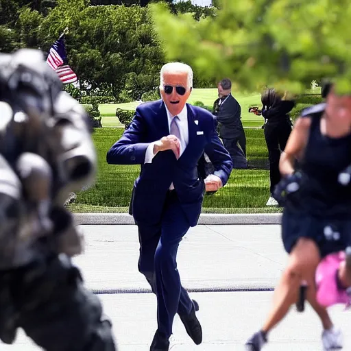 Image similar to detailed Joe Biden running away from a missile strike in the front yard of the White House, big explosion behind him, people running behind him out of focus, chaotic scene