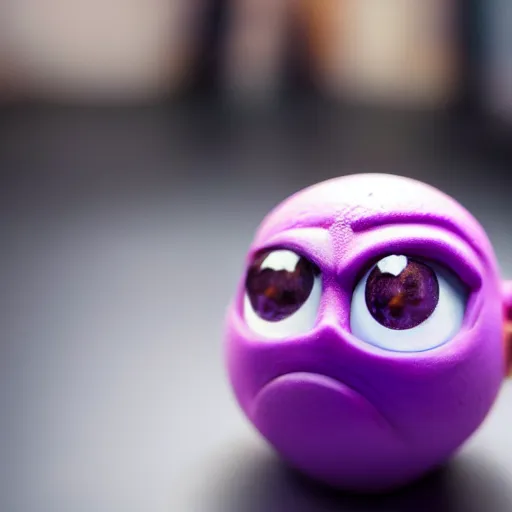 Image similar to photo of a comically tiny clay model of character with large spherical purple head and large childlike eyes with comically tiny body and spindly limbs leans close to the camera, fish eye lens, 4 k, hyper realistic, hyper detailed face, octane render, comedic, cute