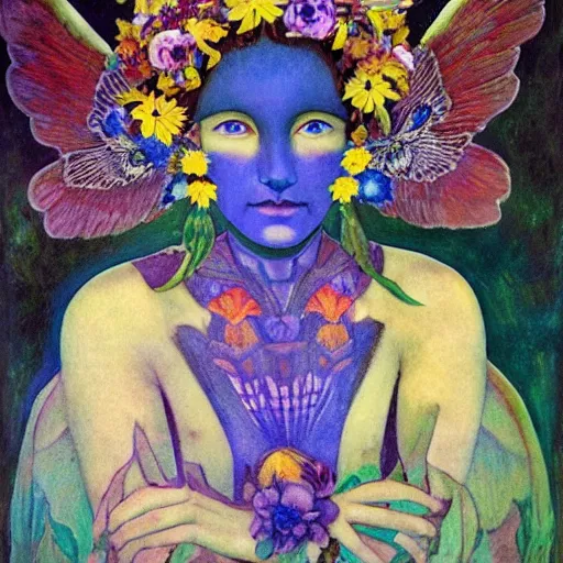 Prompt: the flower crown, by Annie Swynnerton and Nicholas Roerich and Diego Rivera, bioluminescent skin, tattoos, wings made out of flowers, elaborate costume, geometric ornament, symbolist, cool colors like blue and green and violet, smooth, sharp focus, extremely detailed